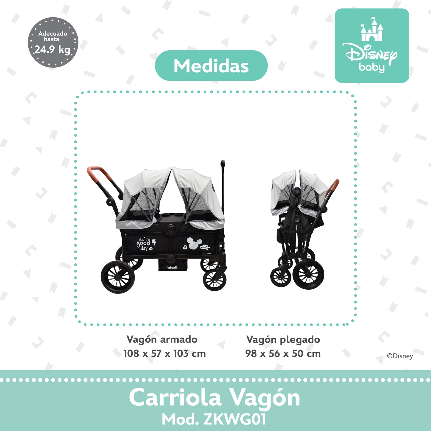 Carriola Everett Mickey Gris Con Doble Vagón Plegable y Toldos Desmontables