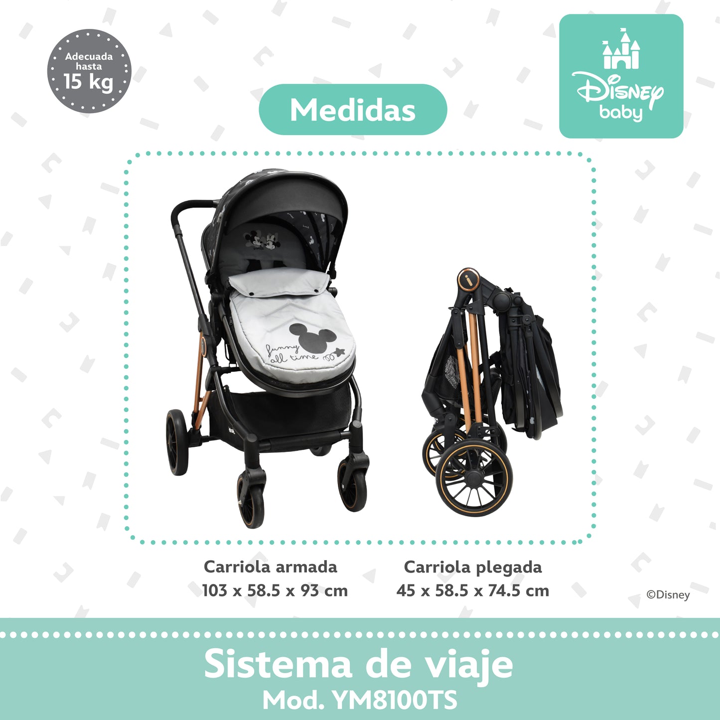 Carriola Disney Mickey Gris Con Sistema De Viaje Arnes 5 Puntos y Barra Frontal Desmontable
