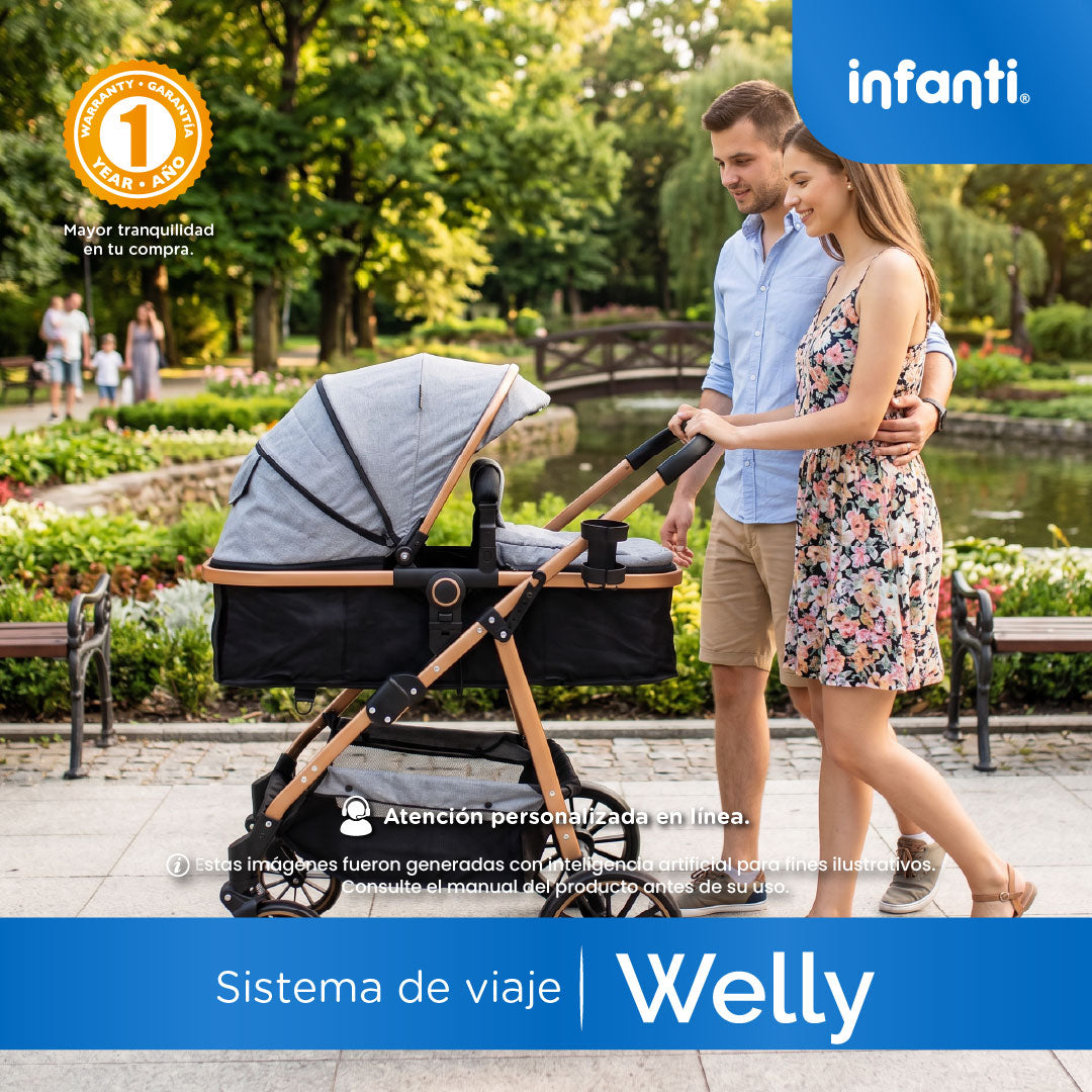 Carriola Sistema de Viaje Welly Convertible a Bambineto Negro con Portabebé Grupo 0+, Asiento Reversible, Reclinado Ajustable, Arnés de 5 Puntos, Toldo Plegable, Cubrepiés y Canastilla Amplia para Bebé