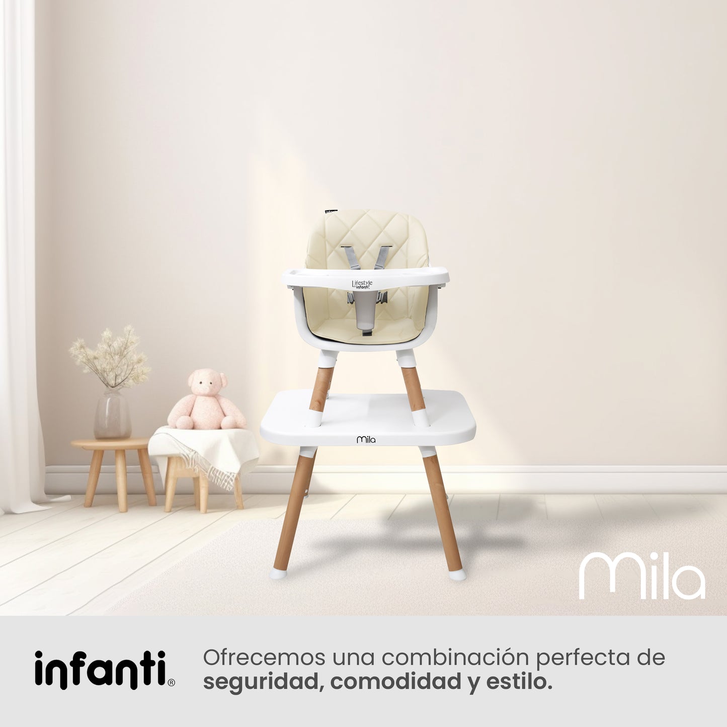 Silla Alta Mila 6 en 1 Color Beige Con Charola Ajustable y Arnes De 5 Puntos