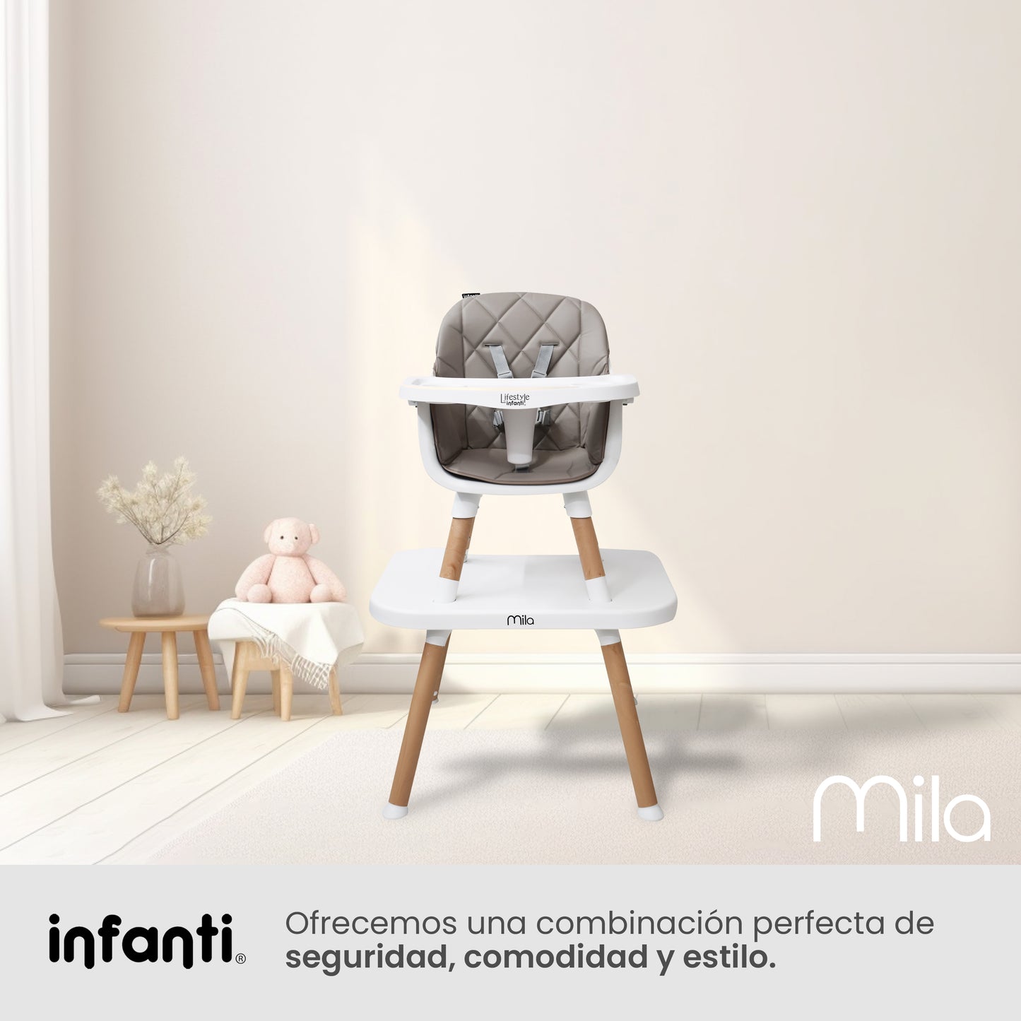 Silla Alta Mila 6 en 1 Color Arena Con Charola Ajustable y Arnes De 5 Puntos