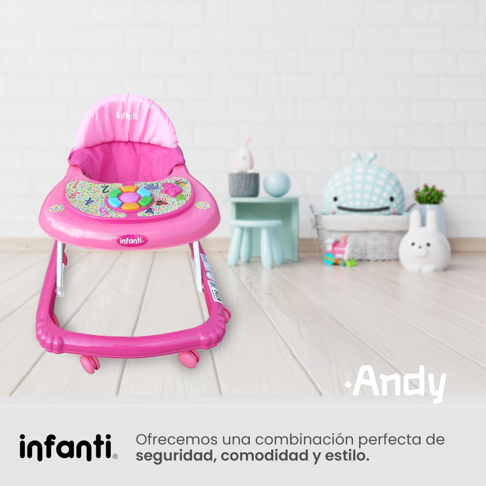 Andadera Andy Musical Plegable Estructura Metal Con Protecciones Plásticas y Tablero Interactivo