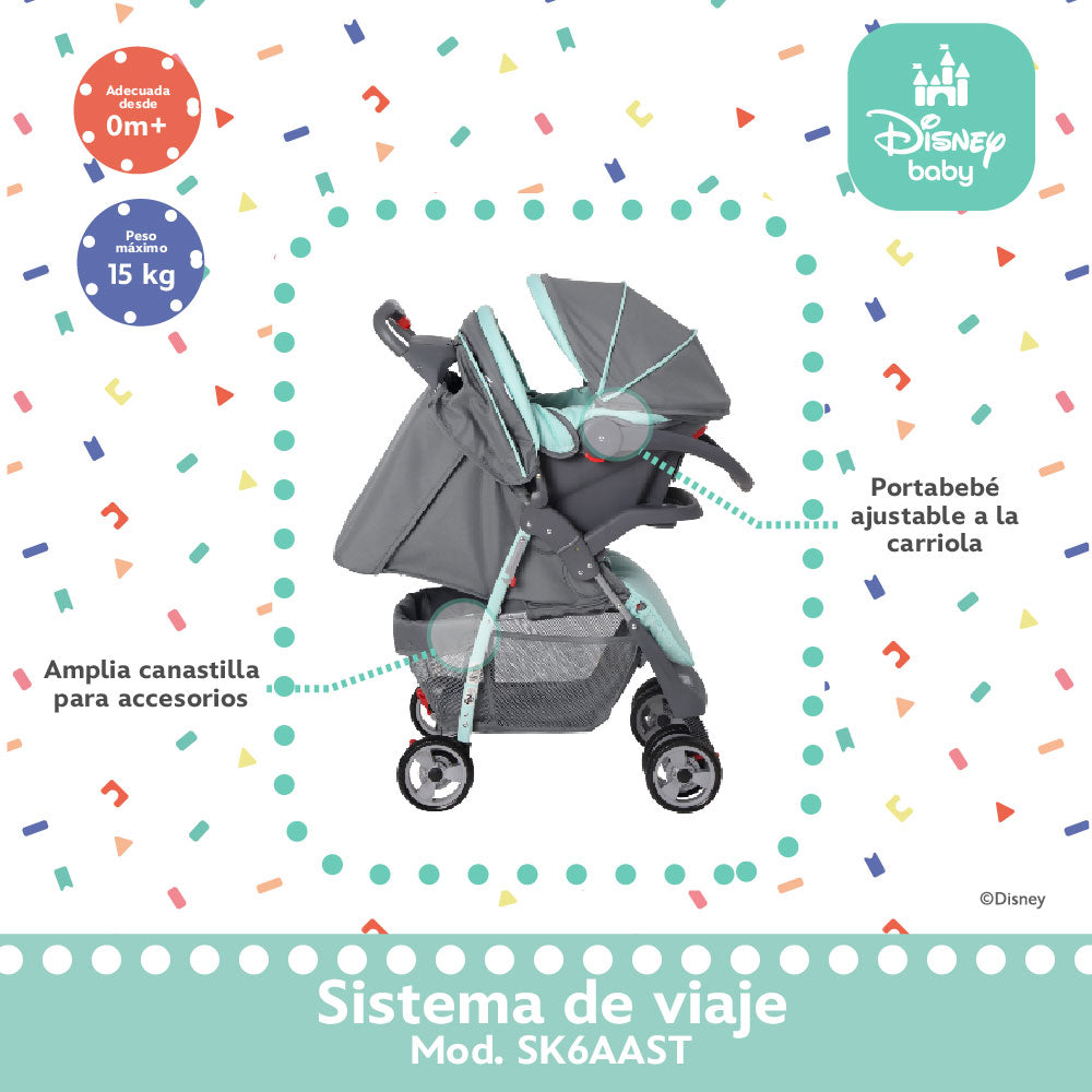 Carriola Travel System Disney, Mickey, Minnie, Stitch, Con Portabebé Y Charola, Infanti