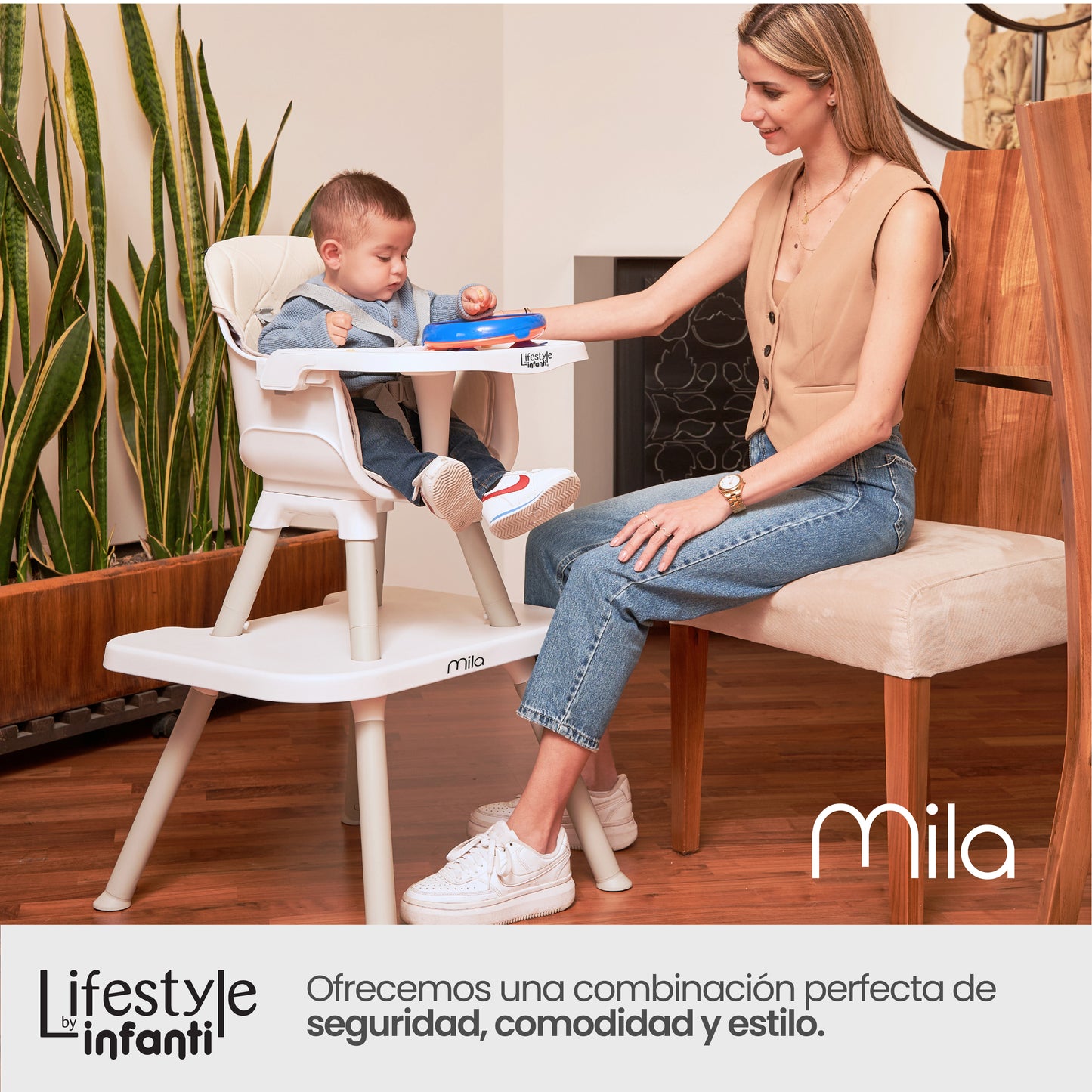 Silla Alta Mila 6 en 1 Color Gris Con Charola Ajustable y Arnes De 5 Puntos