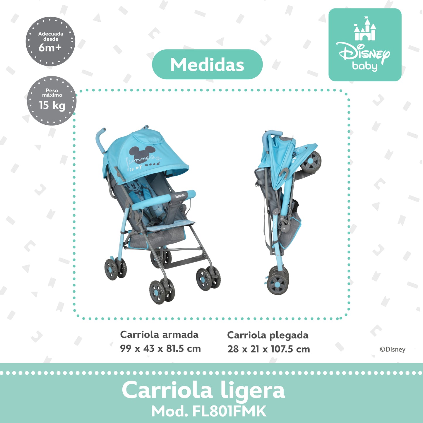 Carriola Bastón Mickey Disney Azul Ultra Ligera Plegable y Reclinación Ajustable