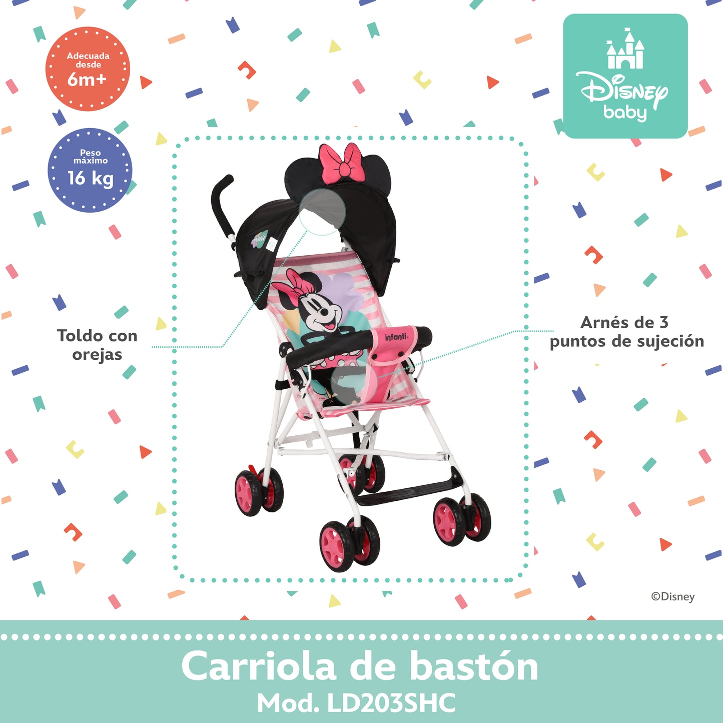 Carriola Bastón Disney Estructura De Acero Plegable Barra De Empuje Con Descansapies
