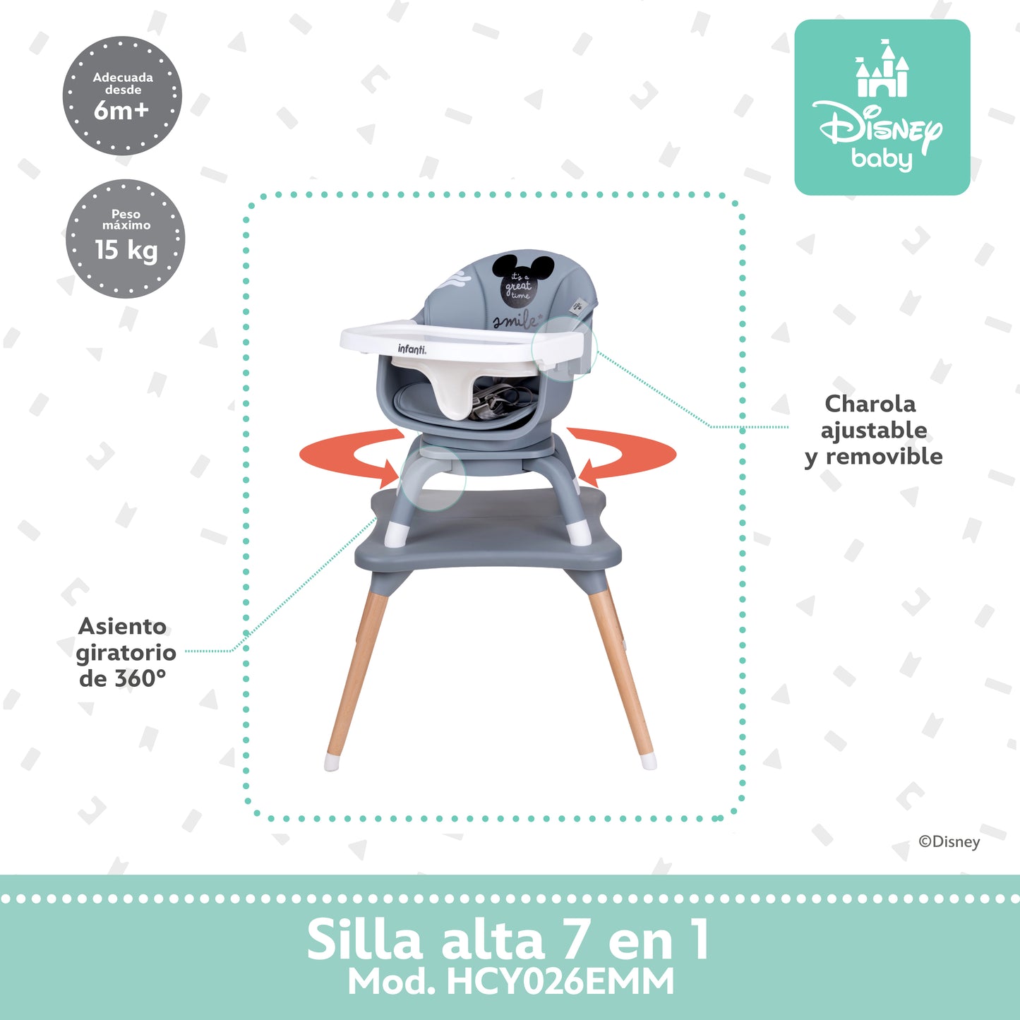 Silla Alta Expressión Mickey 7 En 1 Con Giro 360° y Charola Ajustable