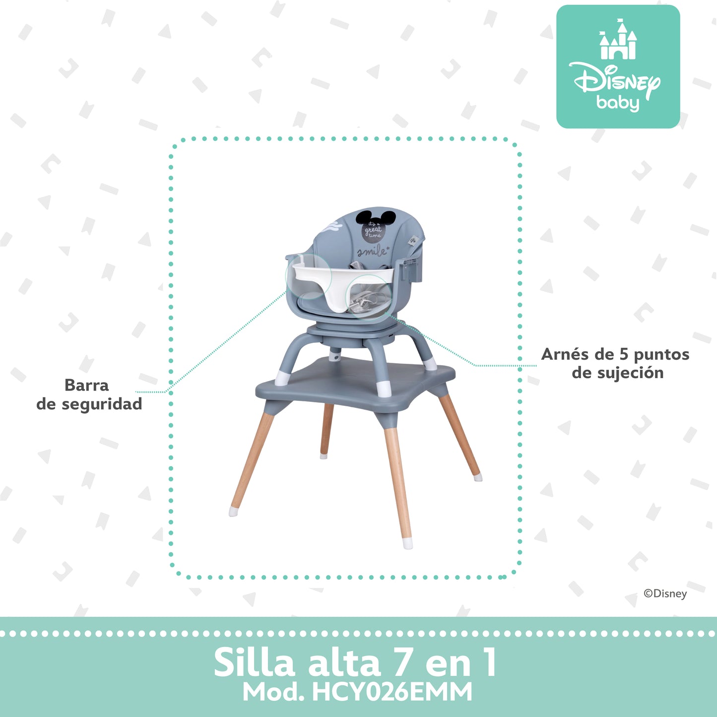 Silla Alta Expressión Mickey 7 En 1 Con Giro 360° y Charola Ajustable
