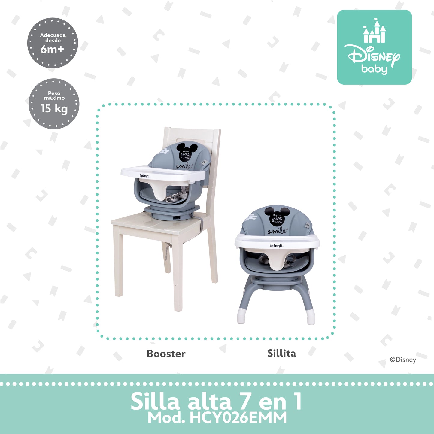 Silla Alta Expressión Mickey 7 En 1 Con Giro 360° y Charola Ajustable