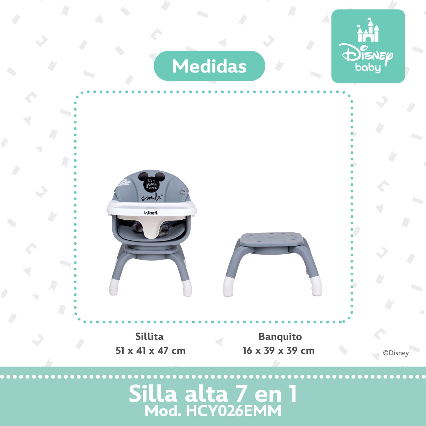 Silla Alta Expressión Mickey 7 En 1 Con Giro 360° y Charola Ajustable