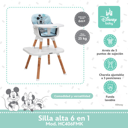 Silla Alta 6 En 1 Disney Con Arnés De 5 Puntos Charola Ajustable Y Funda Lavable