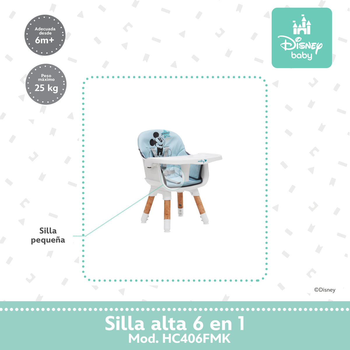 Silla Alta 6 En 1 Disney Con Arnés De 5 Puntos Charola Ajustable Y Funda Lavable