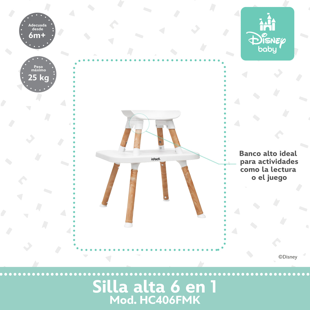 Silla Alta 6 En 1 Disney Con Arnés De 5 Puntos Charola Ajustable Y Funda Lavable