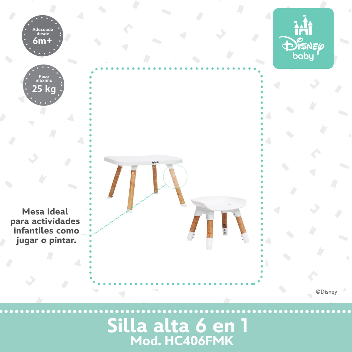 Silla Alta 6 En 1 Disney Con Arnés De 5 Puntos Charola Ajustable Y Funda Lavable
