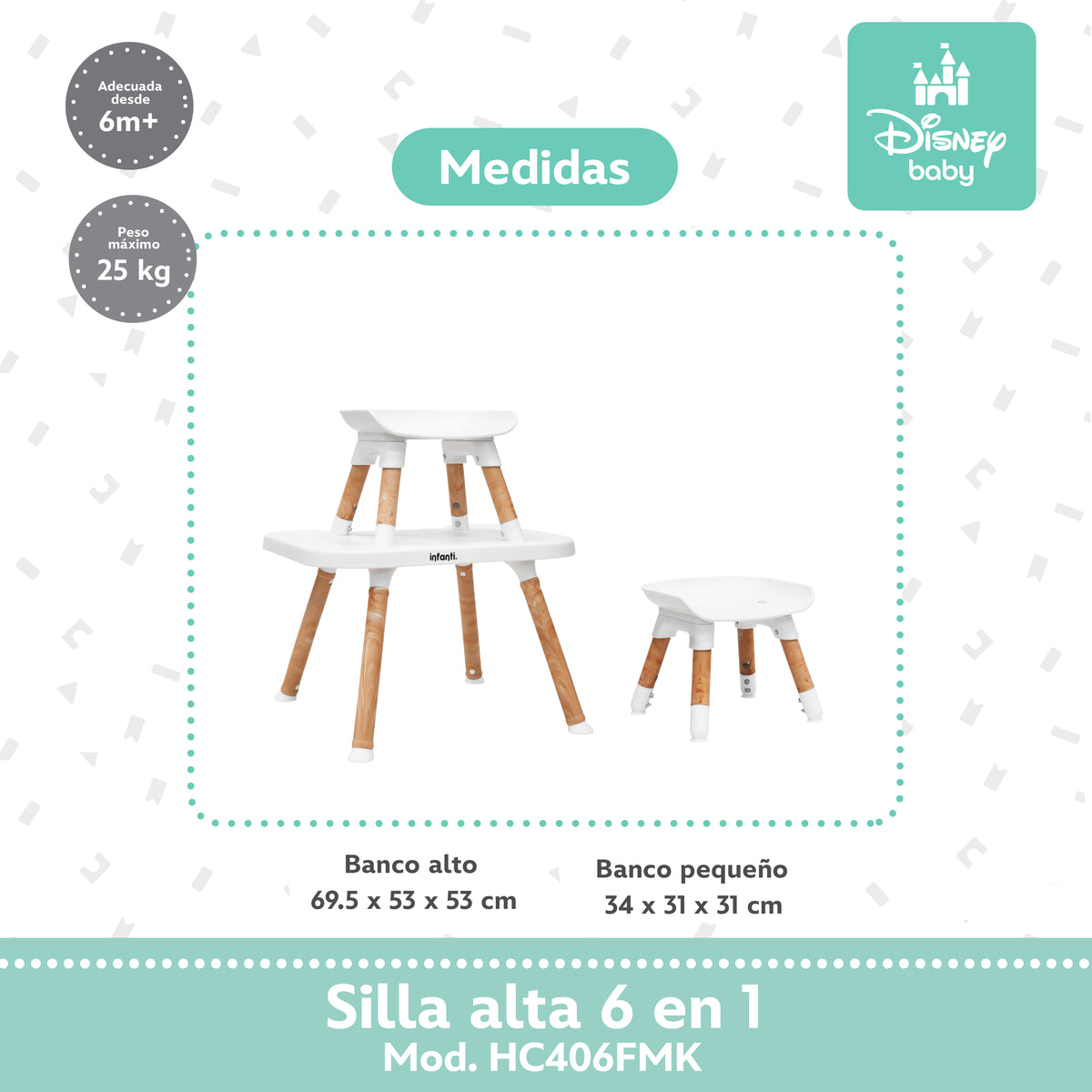 Silla Alta 6 En 1 Disney Con Arnés De 5 Puntos Charola Ajustable Y Funda Lavable