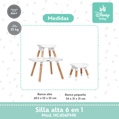 Silla Alta 6 En 1 Disney Con Arnés De 5 Puntos Charola Ajustable Y Funda Lavable