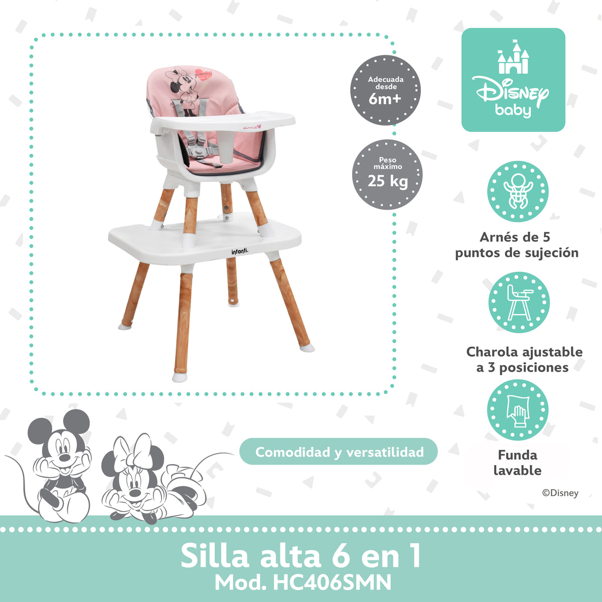 Silla Alta 6 En 1 Disney Con Arnés De 5 Puntos Charola Ajustable Y Funda Lavable