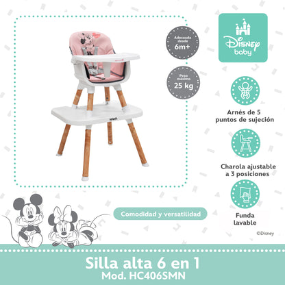 Silla Alta 6 En 1 Disney Con Arnés De 5 Puntos Charola Ajustable Y Funda Lavable
