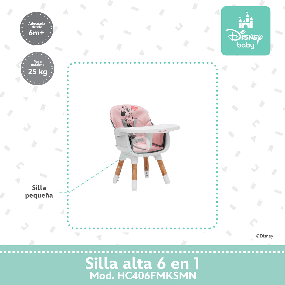 Silla Alta 6 En 1 Disney Con Arnés De 5 Puntos Charola Ajustable Y Funda Lavable