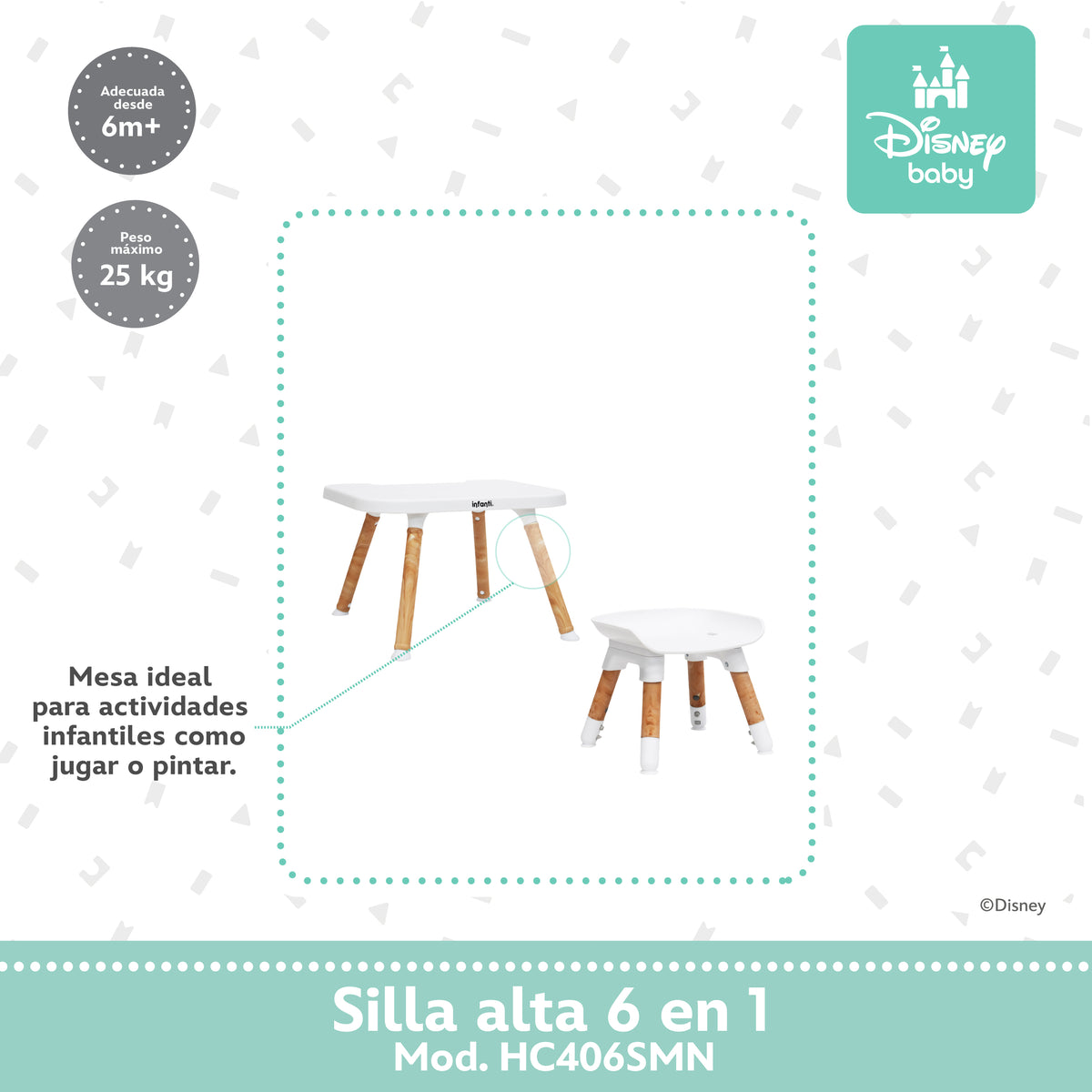 Silla Alta 6 En 1 Disney Con Arnés De 5 Puntos Charola Ajustable Y Funda Lavable