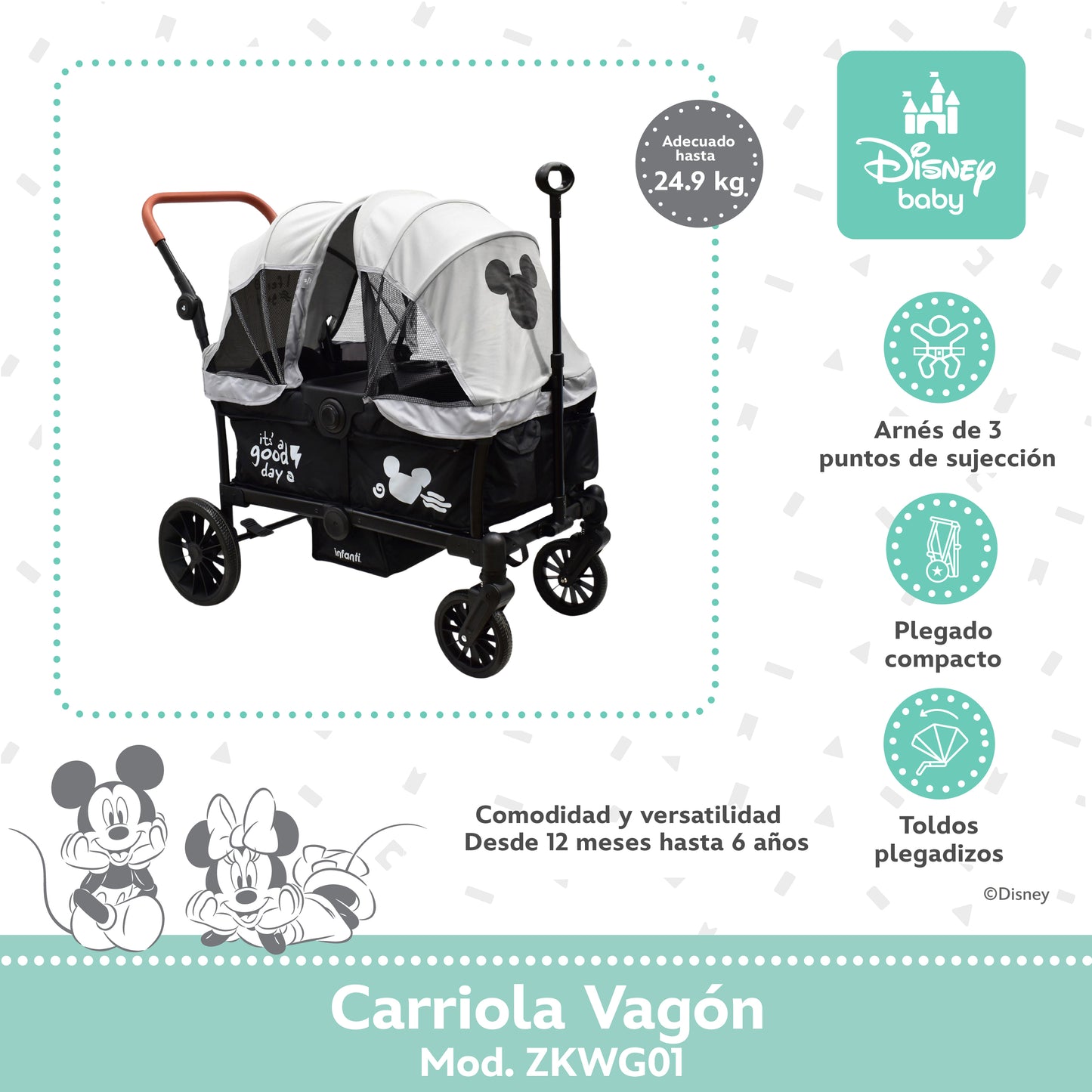 Carriola Everett Mickey Gris Con Doble Vagón Plegable y Toldos Desmontables