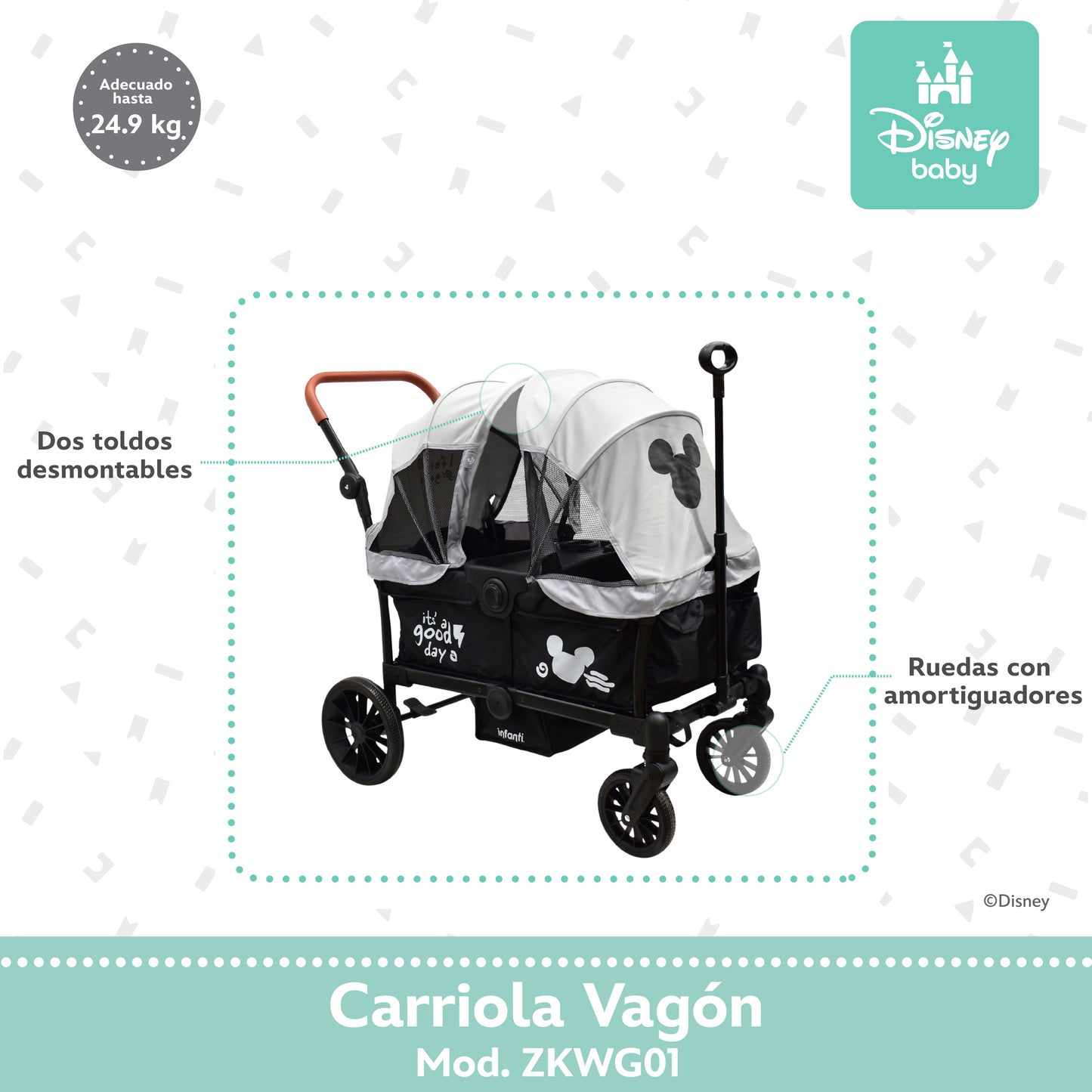 Carriola Everett Mickey Gris Con Doble Vagón Plegable y Toldos Desmontables