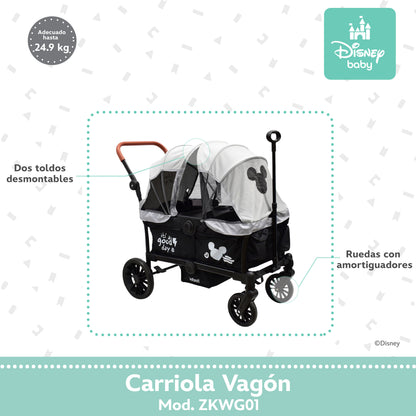 Carriola Everett Mickey Gris Con Doble Vagón Plegable y Toldos Desmontables