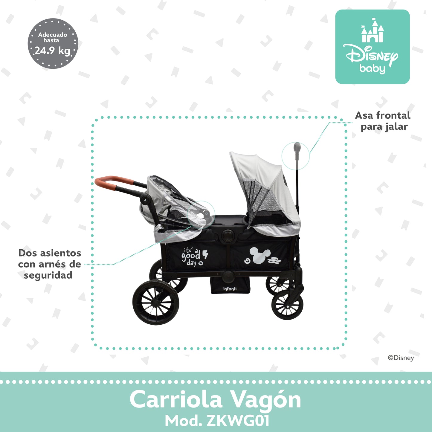 Carriola Everett Mickey Gris Con Doble Vagón Plegable y Toldos Desmontables