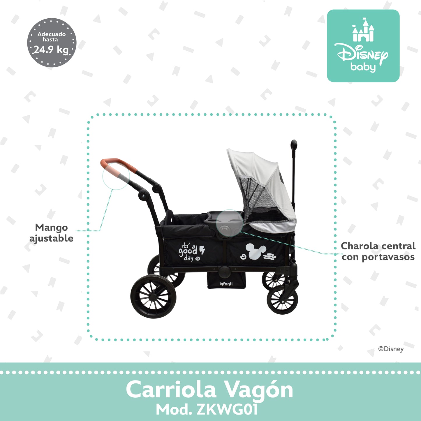 Carriola Everett Mickey Gris Con Doble Vagón Plegable y Toldos Desmontables