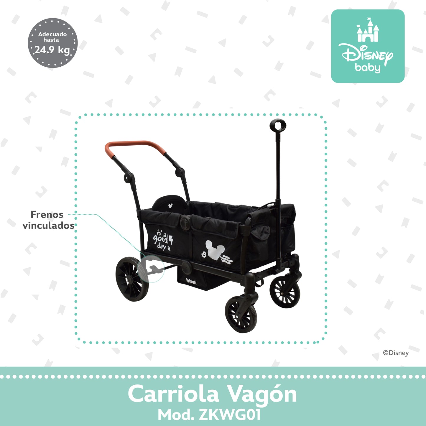 Carriola Everett Mickey Gris Con Doble Vagón Plegable y Toldos Desmontables