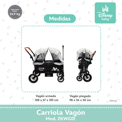 Carriola Everett Mickey Gris Con Doble Vagón Plegable y Toldos Desmontables