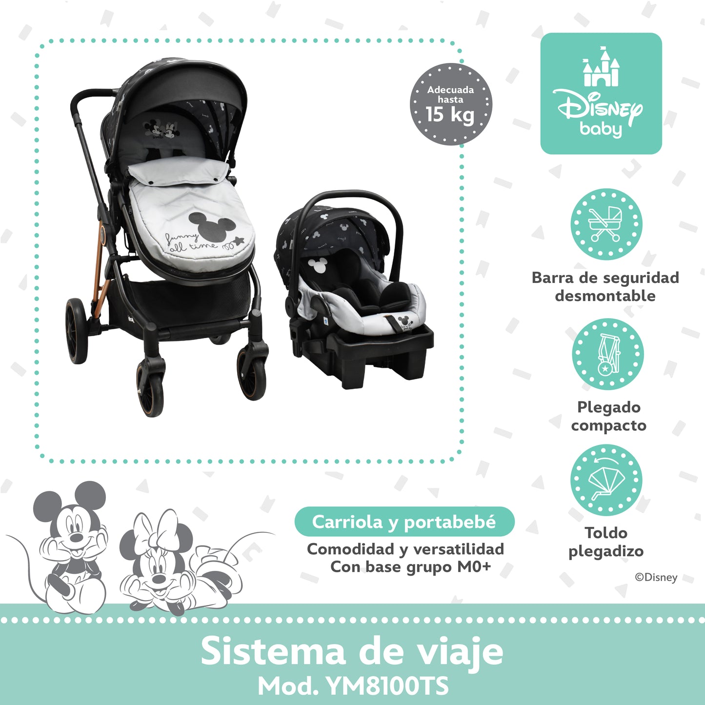 Carriola Disney Mickey Gris Con Sistema De Viaje Arnes 5 Puntos y Barra Frontal Desmontable
