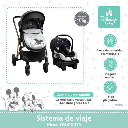 Carriola Disney Mickey Gris Con Sistema De Viaje Arnes 5 Puntos y Barra Frontal Desmontable