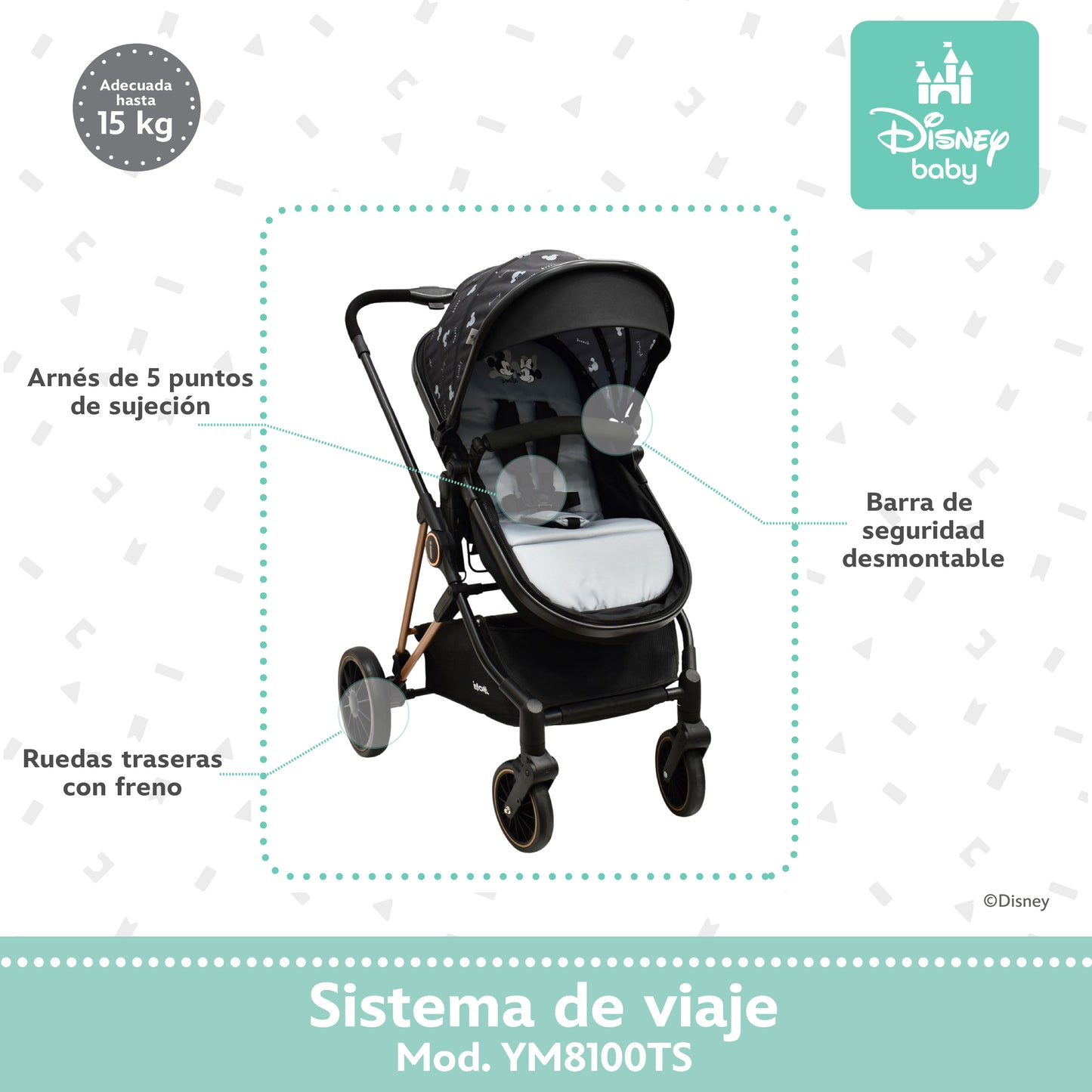 Carriola Disney Mickey Gris Con Sistema De Viaje Arnes 5 Puntos y Barra Frontal Desmontable