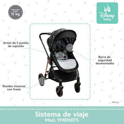 Carriola Disney Mickey Gris Con Sistema De Viaje Arnes 5 Puntos y Barra Frontal Desmontable