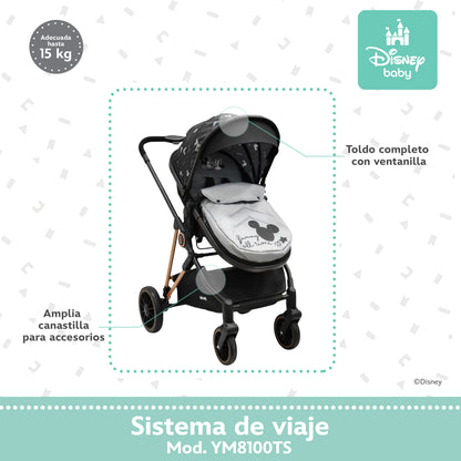 Carriola Disney Mickey Gris Con Sistema De Viaje Arnes 5 Puntos y Barra Frontal Desmontable