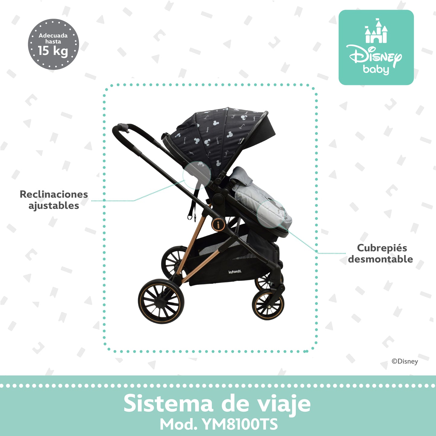 Carriola Disney Mickey Gris Con Sistema De Viaje Arnes 5 Puntos y Barra Frontal Desmontable