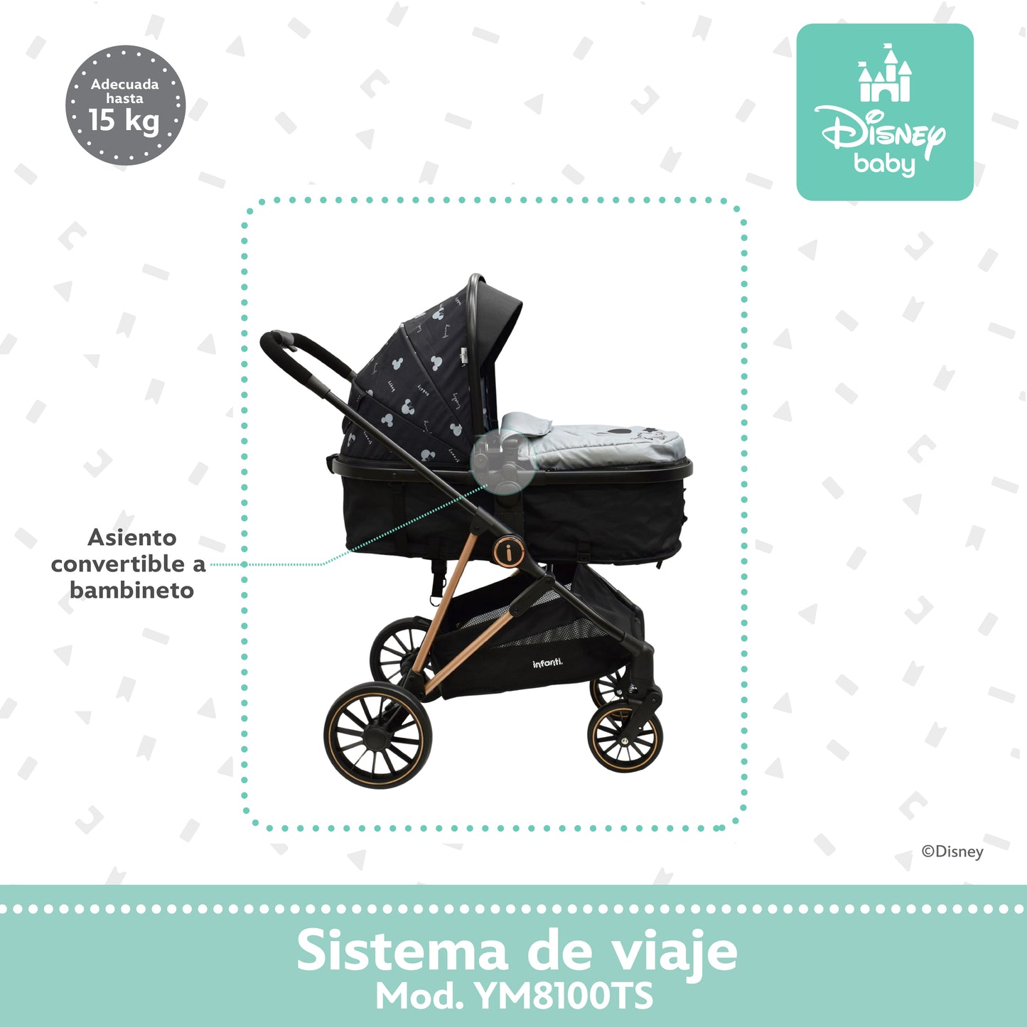 Carriola Disney Mickey Gris Con Sistema De Viaje Arnes 5 Puntos y Barra Frontal Desmontable