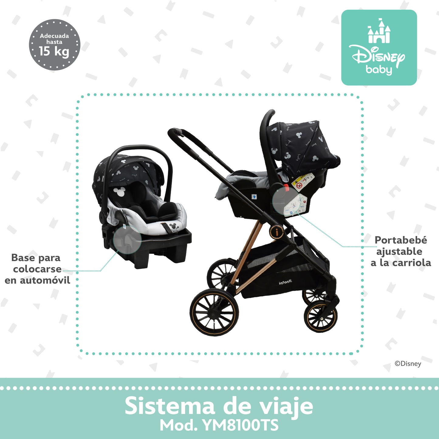 Carriola Disney Mickey Gris Con Sistema De Viaje Arnes 5 Puntos y Barra Frontal Desmontable