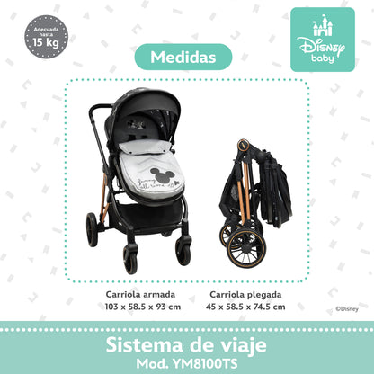 Carriola Disney Mickey Gris Con Sistema De Viaje Arnes 5 Puntos y Barra Frontal Desmontable