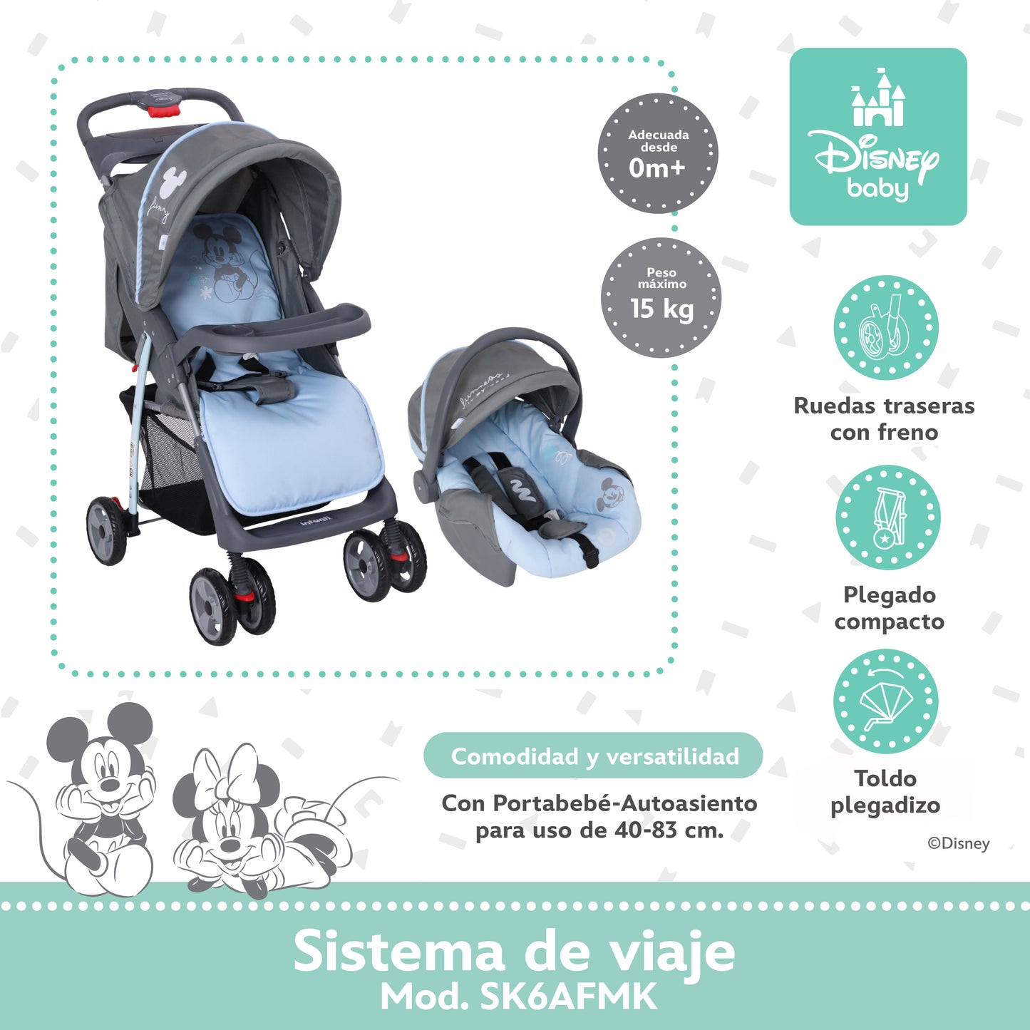 Carriola Funny Disney Con Sistema De Viaje Reclinación Ajustable y Arnés De Seguridad