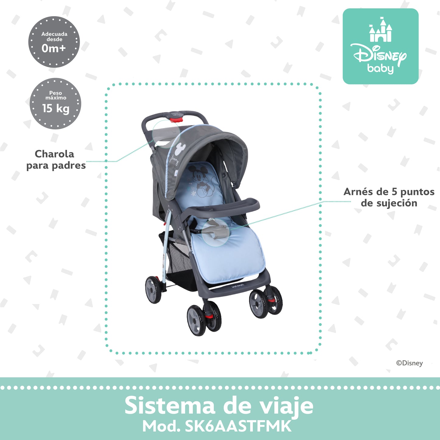 Carriola Funny Disney Con Sistema De Viaje Reclinación Ajustable y Arnés De Seguridad
