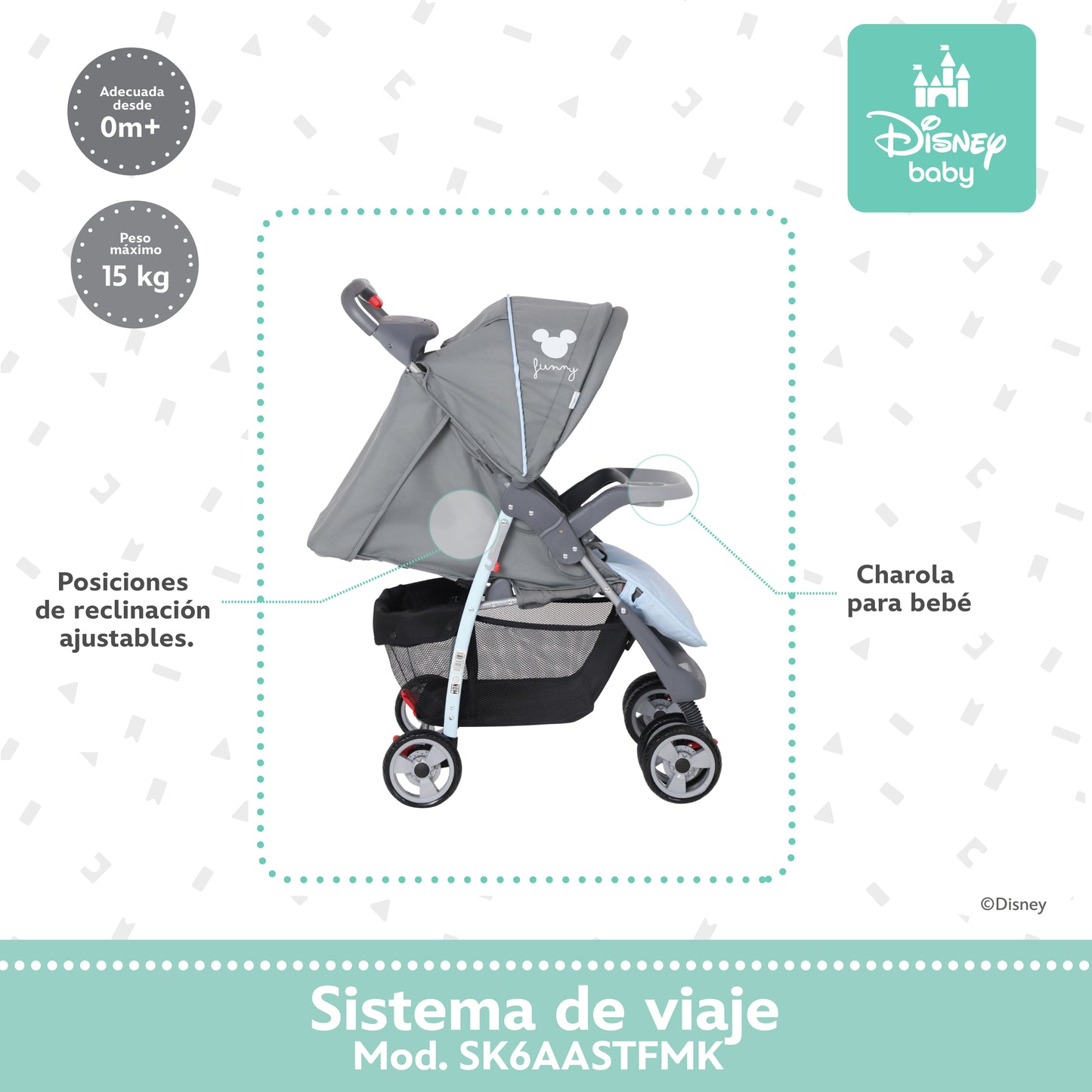 Carriola Funny Disney Con Sistema De Viaje Reclinación Ajustable y Arnés De Seguridad