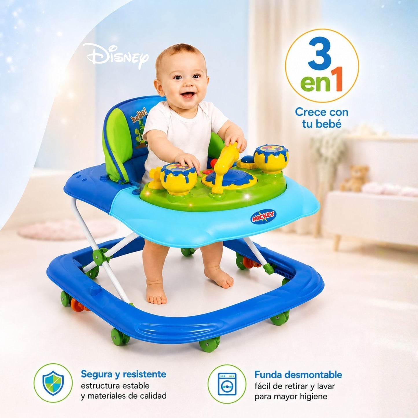 Andadera Mickey Disney Azul Con Tablero Interactivo Musical y Asiento Comodo