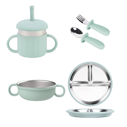 Kit de Alimentación para Bebé de 4 Piezas: Plato, Tazón, Vaso con Popote, Cuchara y Tenedor