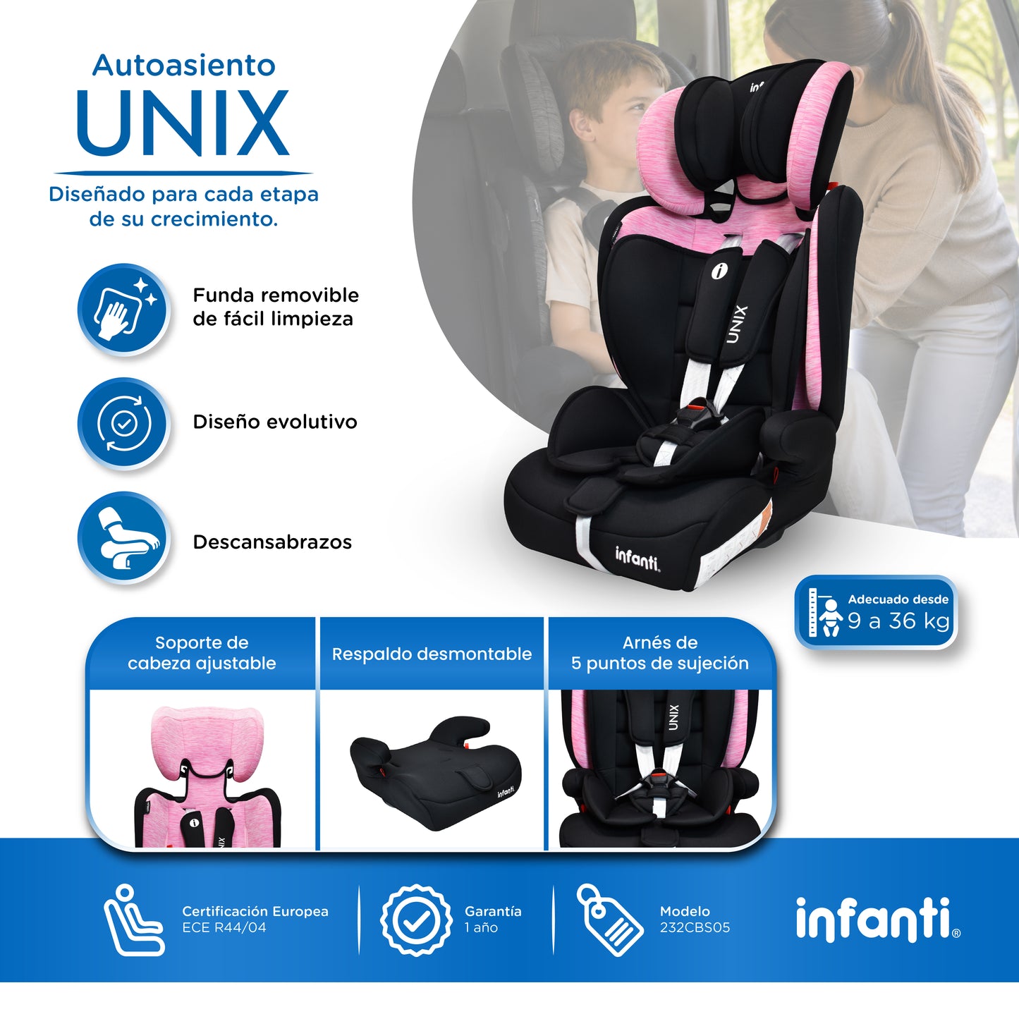 Autoasiento Unix Con Grupo 1, 2, 3 Convertible A Booster y Arnés de 5 Puntos