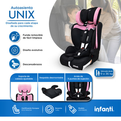 Autoasiento Unix Con Grupo 1, 2, 3 Convertible A Booster y Arnés de 5 Puntos