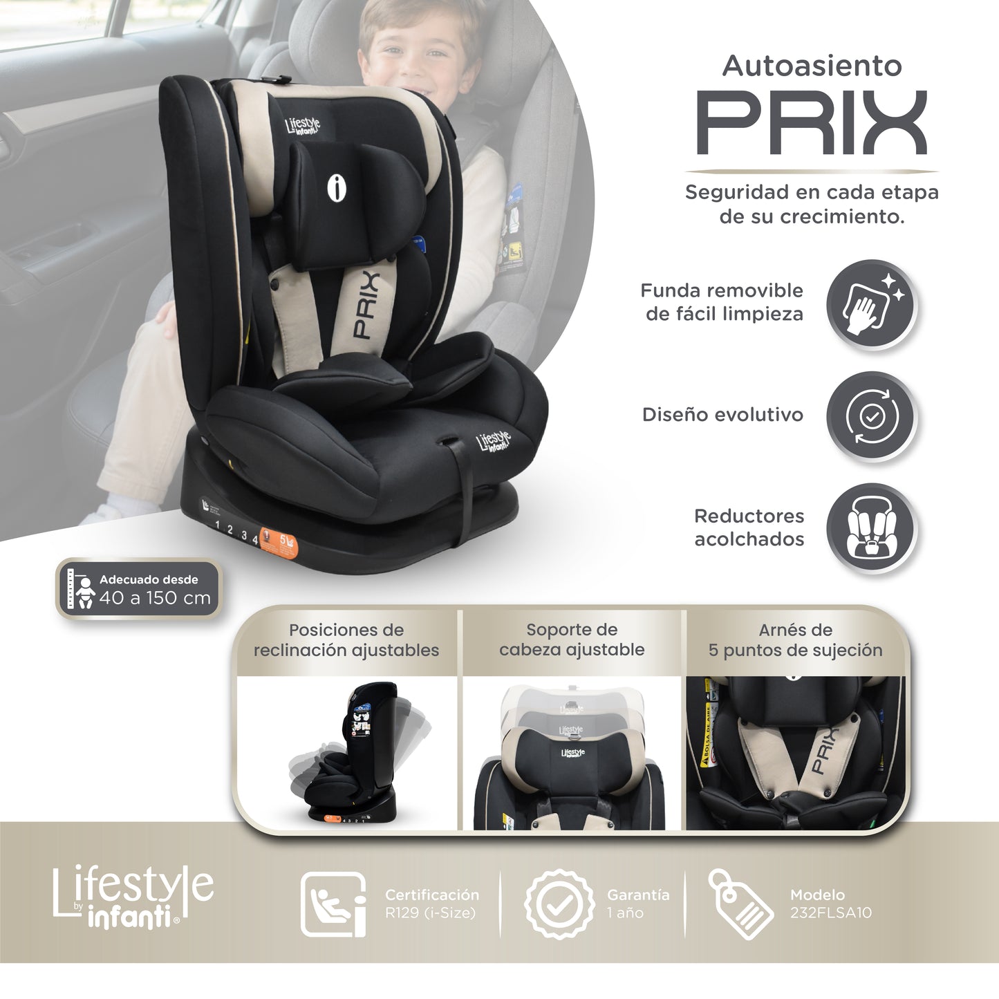 Autoasiento Prix Con Reclinación Ajustable y Arnés De Seguridad