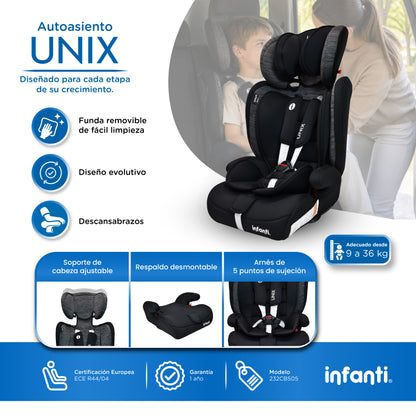 Autoasiento Unix Con Grupo 1, 2, 3 Convertible A Booster y Arnés de 5 Puntos