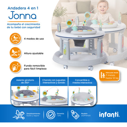 Andadera 4 en 1 Jonna Con Centro de Entretenimiento, Mesita Interactiva y Mesa de Juegos, Asiento Giratorio 360°, Altura Ajustable, Tapete Desmontable con Luz y Sonido, 12 kg max, Infanti.